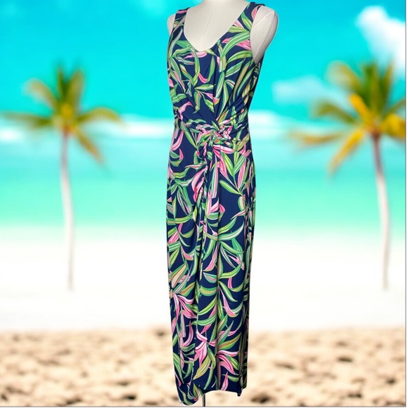 Tommy Bahama M RuchedTropical Leaf Print SleevelessMaxi Dress